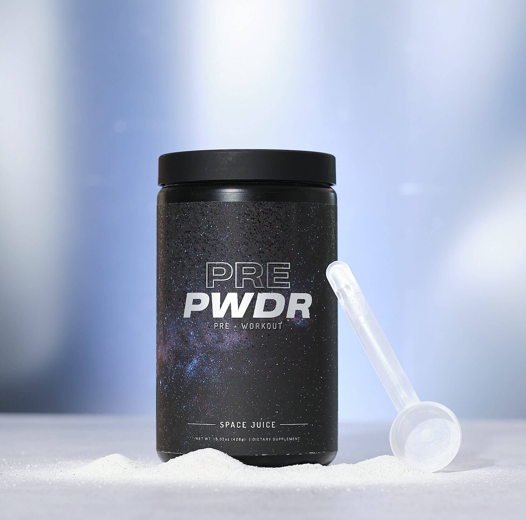 Supplement label with protein powder and scooper on ground