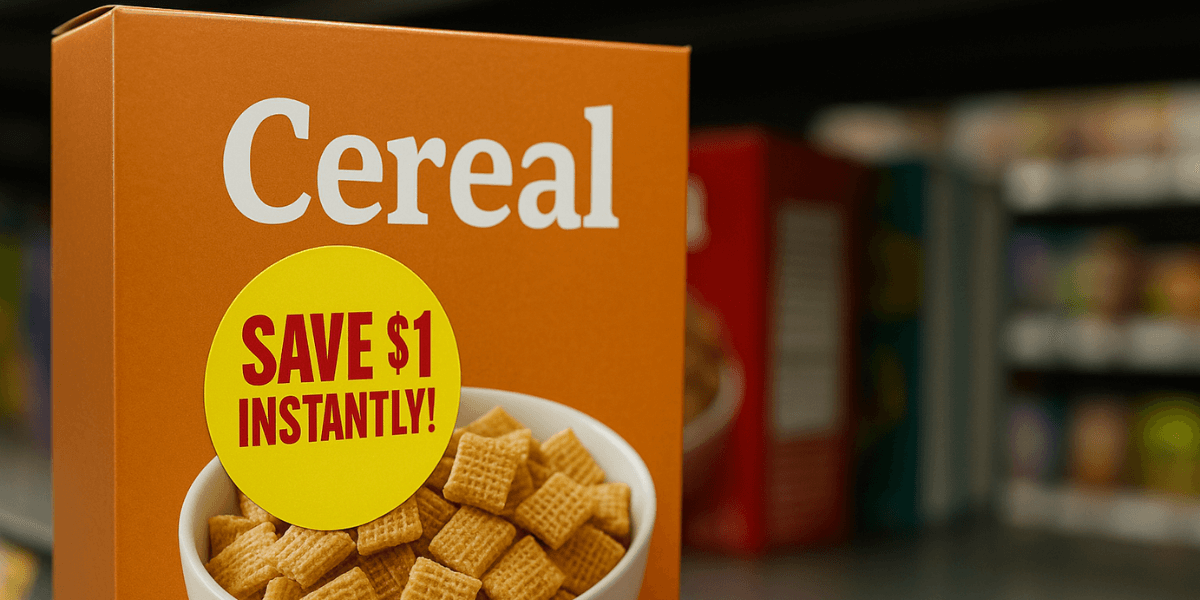 Custom printed coupon label on cereal box