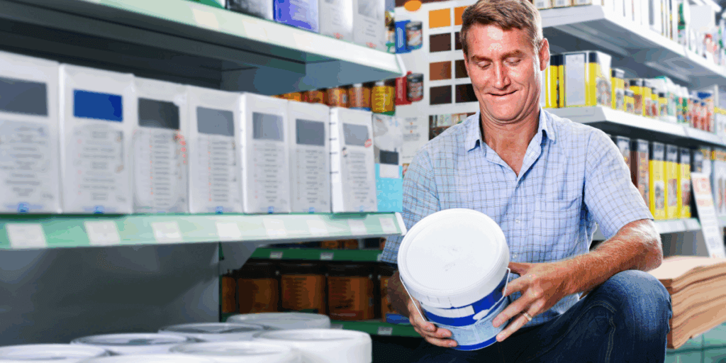 Man reading paint can labels