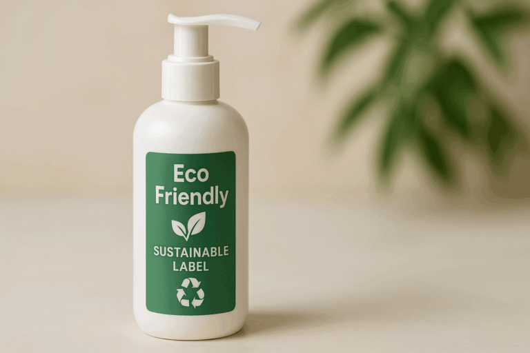 sustainable label on lotion bottle