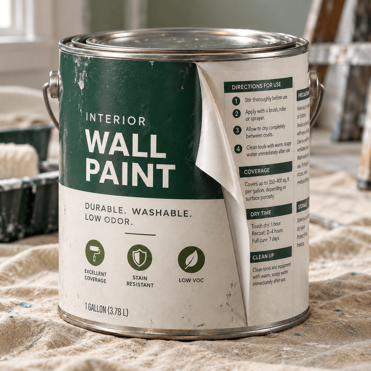 Realistic Interior Wall Paint Can on Drop Cloth